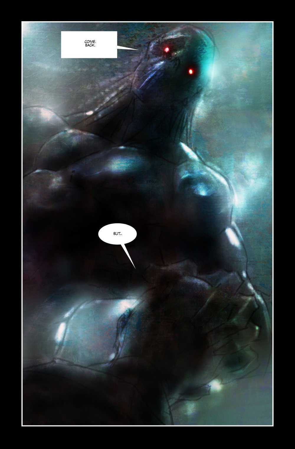 A towering, muscular figure with glowing red eyes stands in a misty, dimly lit environment, exuding a sense of power and menace.