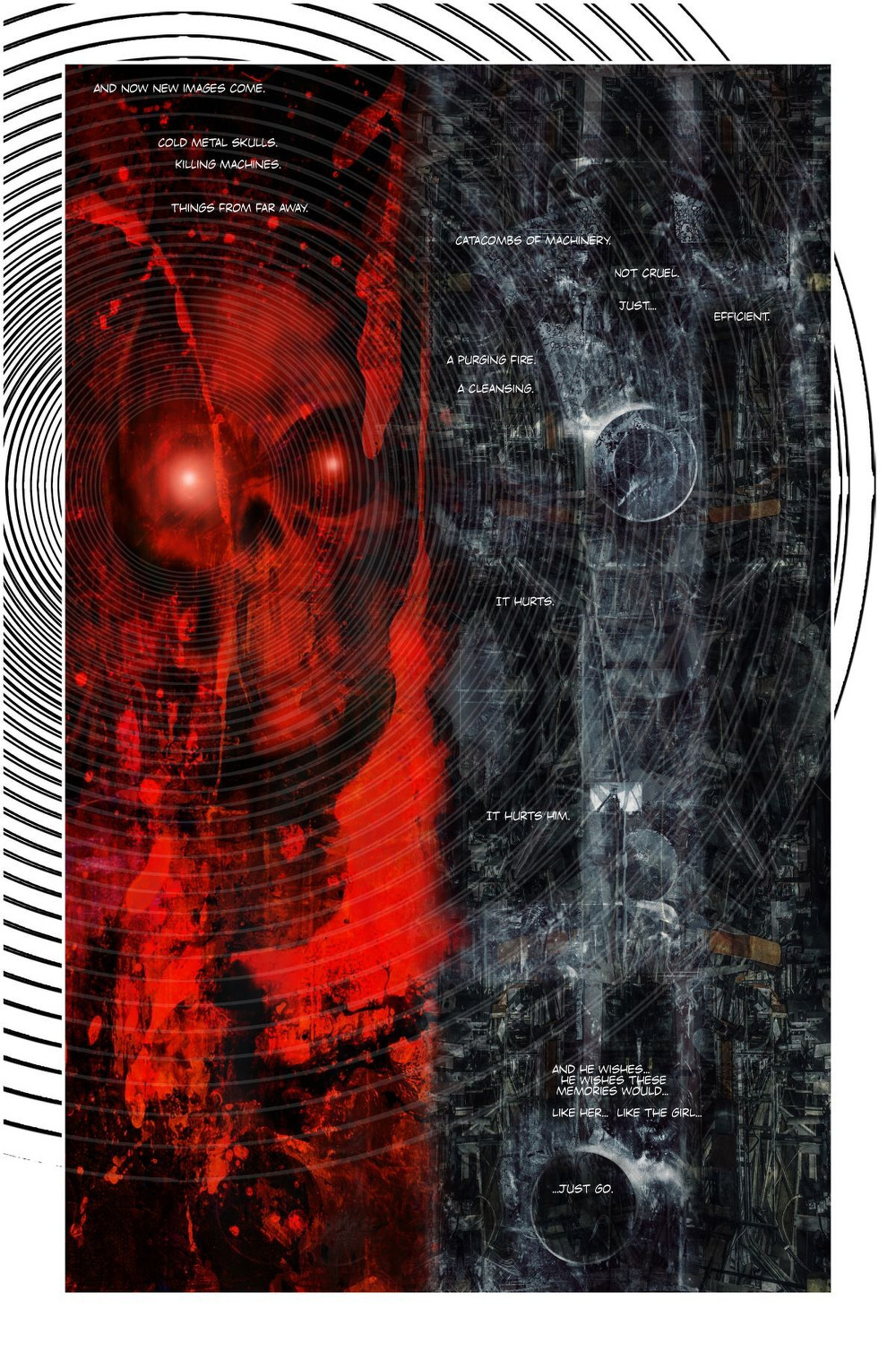 A haunting abstract composition featuring a vivid red skull-like figure on the left, surrounded by distorted text and dark, mechanical imagery.