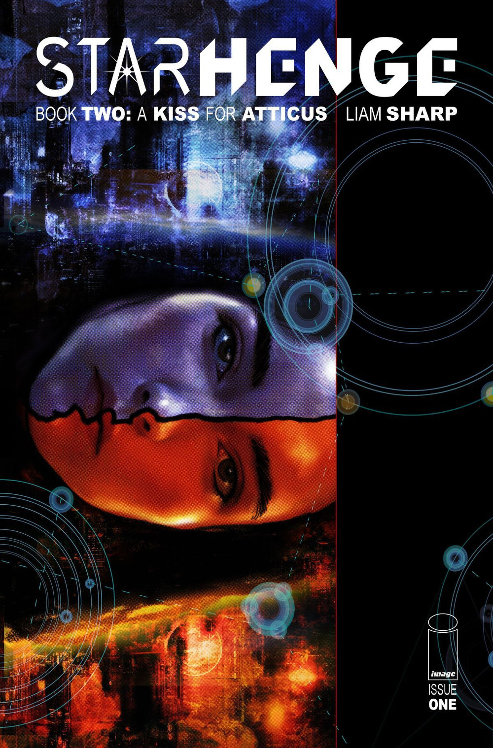 A split face with contrasting colors and abstract elements adorns the cover of StarHenge: Book Two - A Kiss for Atticus by Liam Sharp.