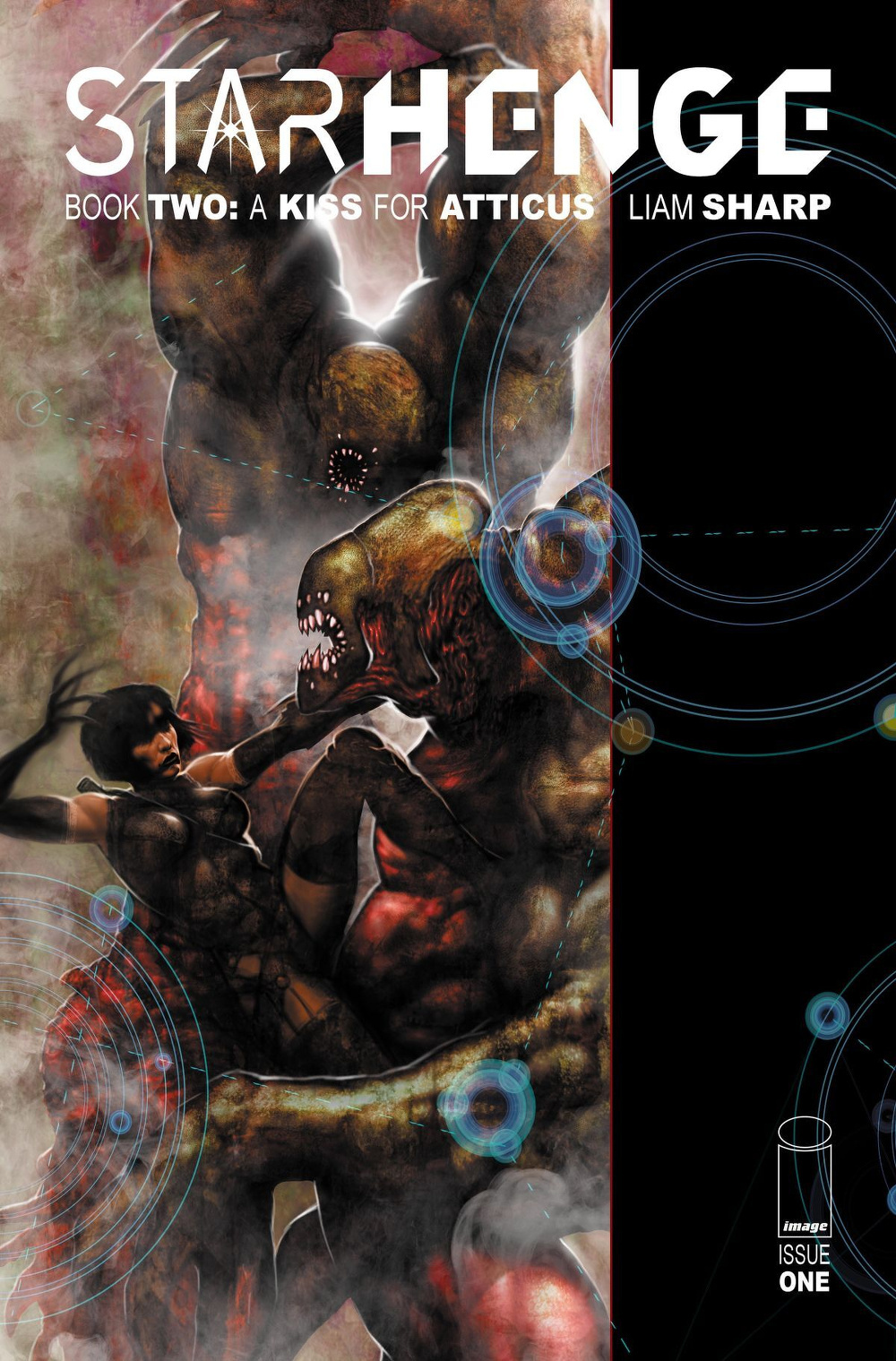 A dynamic comic book cover features a battle scene between a warrior and monstrous creatures, with the title STARHENGE BOOK TWO: A KISS FOR ATTICUS by Liam Sharp.