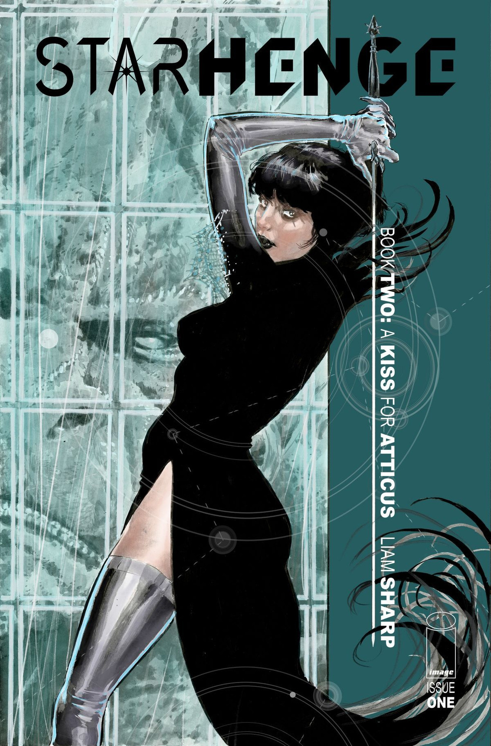 A woman in a long black dress holds a sword, posing dramatically against a background with a grid-like design, under the title Starhenge: Book Two.