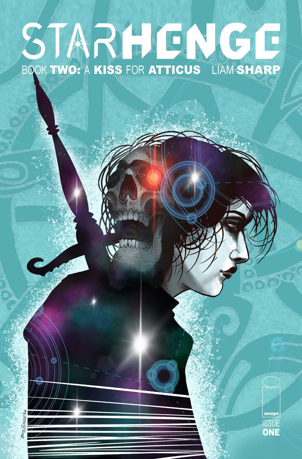 A stylized illustration features a person with windswept hair, a skull blending into their profile, and a sword in the background, set against a blue backdrop with colorful light effects.