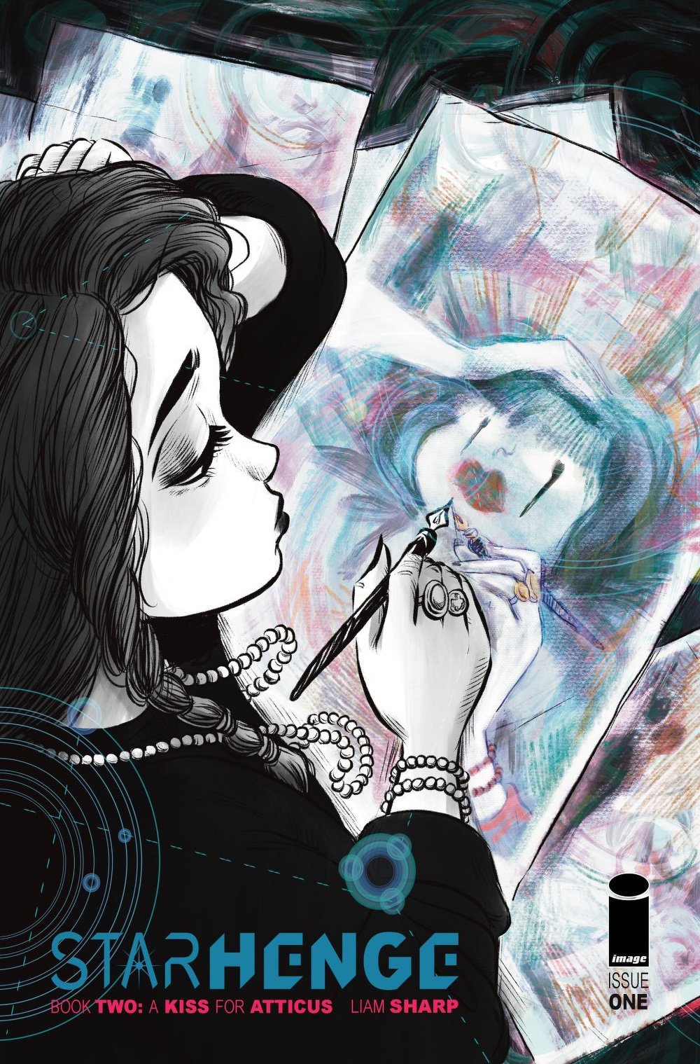 A black-and-white comic book cover features a woman thoughtfully drawing on a tablet, surrounded by colorful sketches.