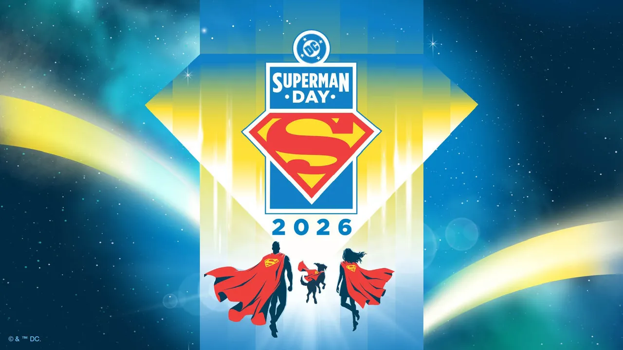 Auto-generated description: A colorful poster features the silhouettes of Superman, Supergirl, and a child walking towards a large Superman emblem with Superman Day 2026 above.