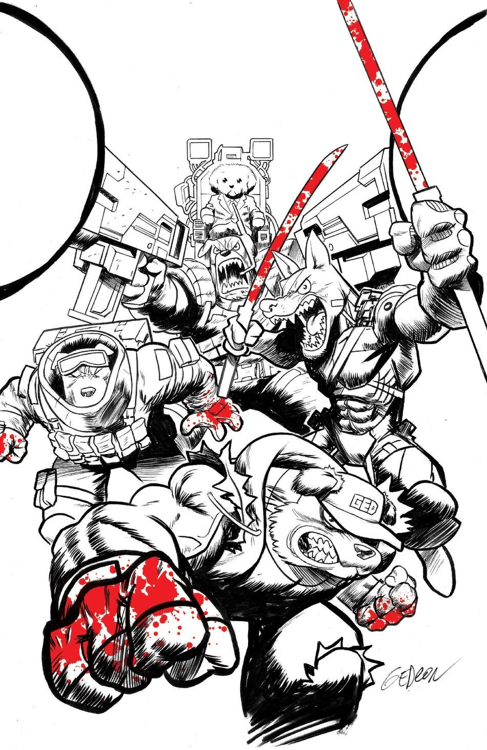 A team of anthropomorphic animals in combat gear wields weapons and appears ready for battle.