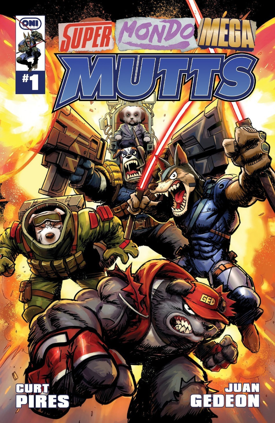 A group of anthropomorphic animals in futuristic armor appear ready for battle on a comic book cover titled Super Mondo Mega Mutts by Curt Pires and Juan Gedeon.