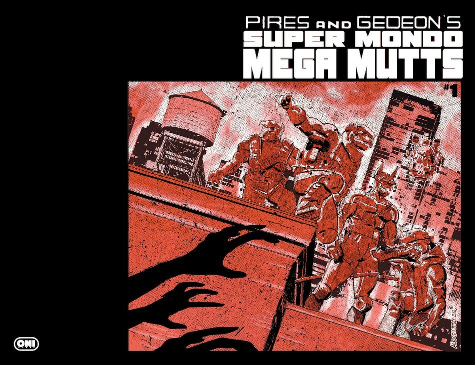 Five armored figures stand on a rooftop in a red-toned cityscape with outstretched hands reaching towards them.