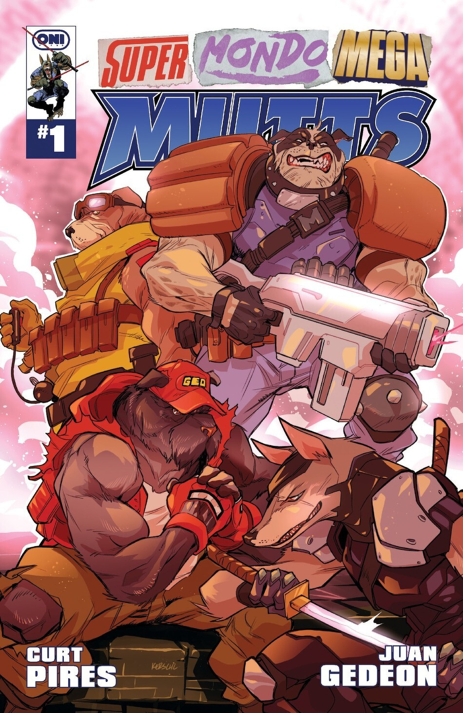 A group of anthropomorphic animals in combat gear is striking a heroic pose on the cover of a comic titled Super Mondo Mega Mutts.
