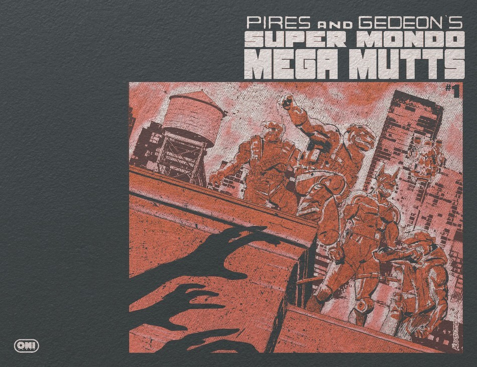 Giant robotic dogs tower over a cityscape as silhouetted hands reach up from below.