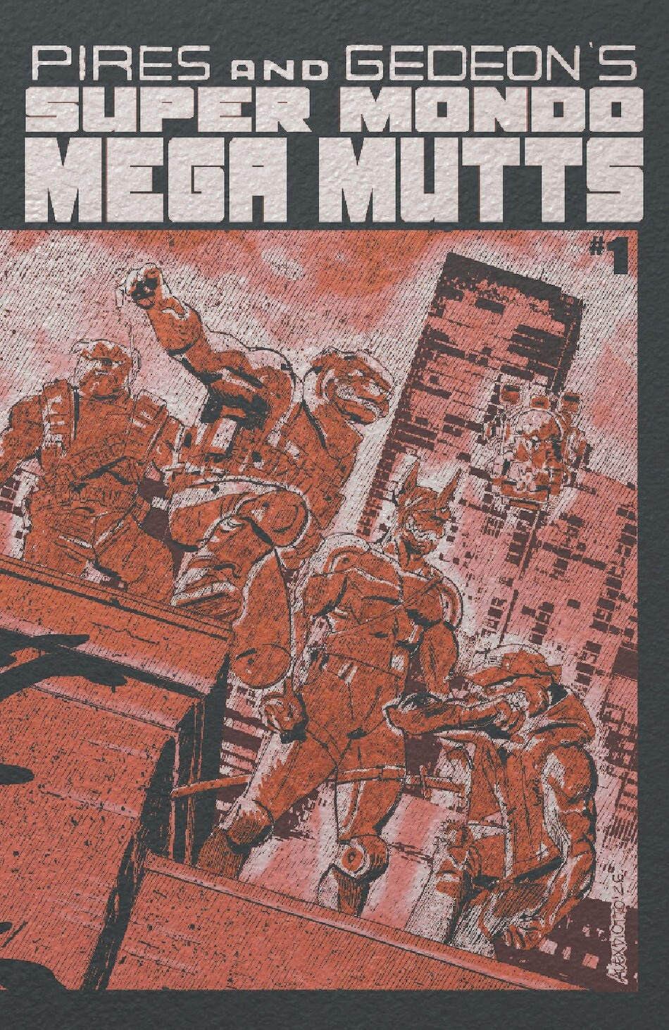 A group of robotic dog-like figures appear in a comic book cover titled Super Mondo Mega Mutts with a cityscape background.