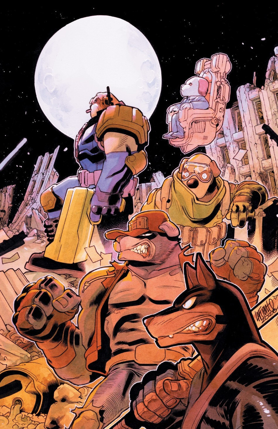 A group of anthropomorphic animals wearing armor and gear stands confidently under a full moon amidst rubble and debris.