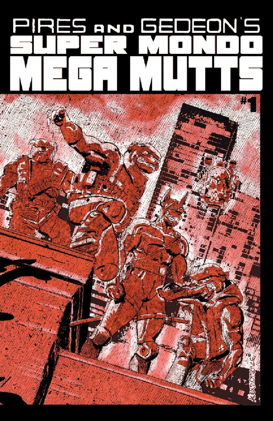 A stylized comic book cover showcases robotic dogs against a backdrop of a city skyline with the title Super Mondo Mega Mutts at the top.