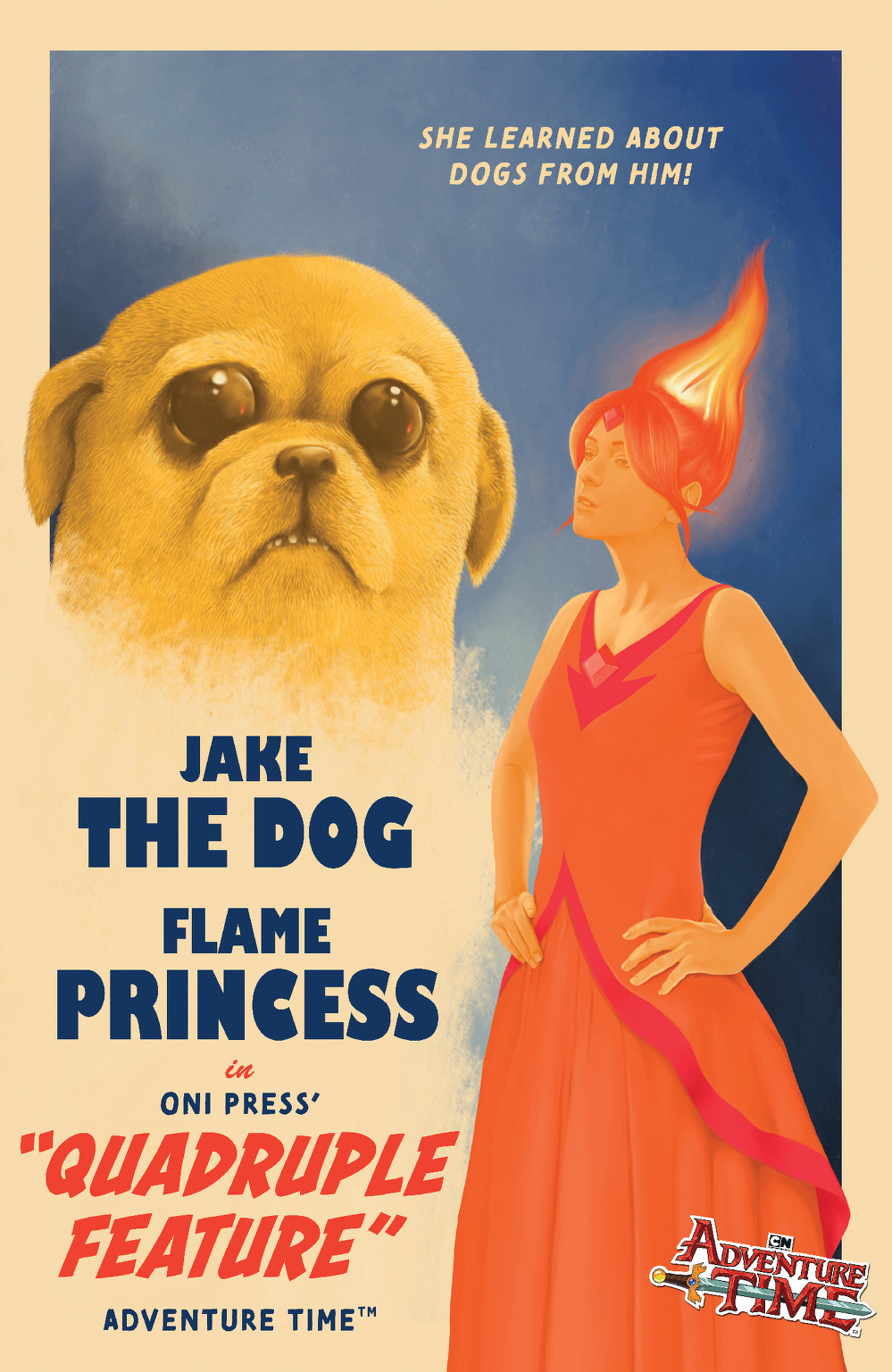 A vintage-style poster features Jake the Dog and Flame Princess from Adventure Time in an ONI Press quadruple feature.