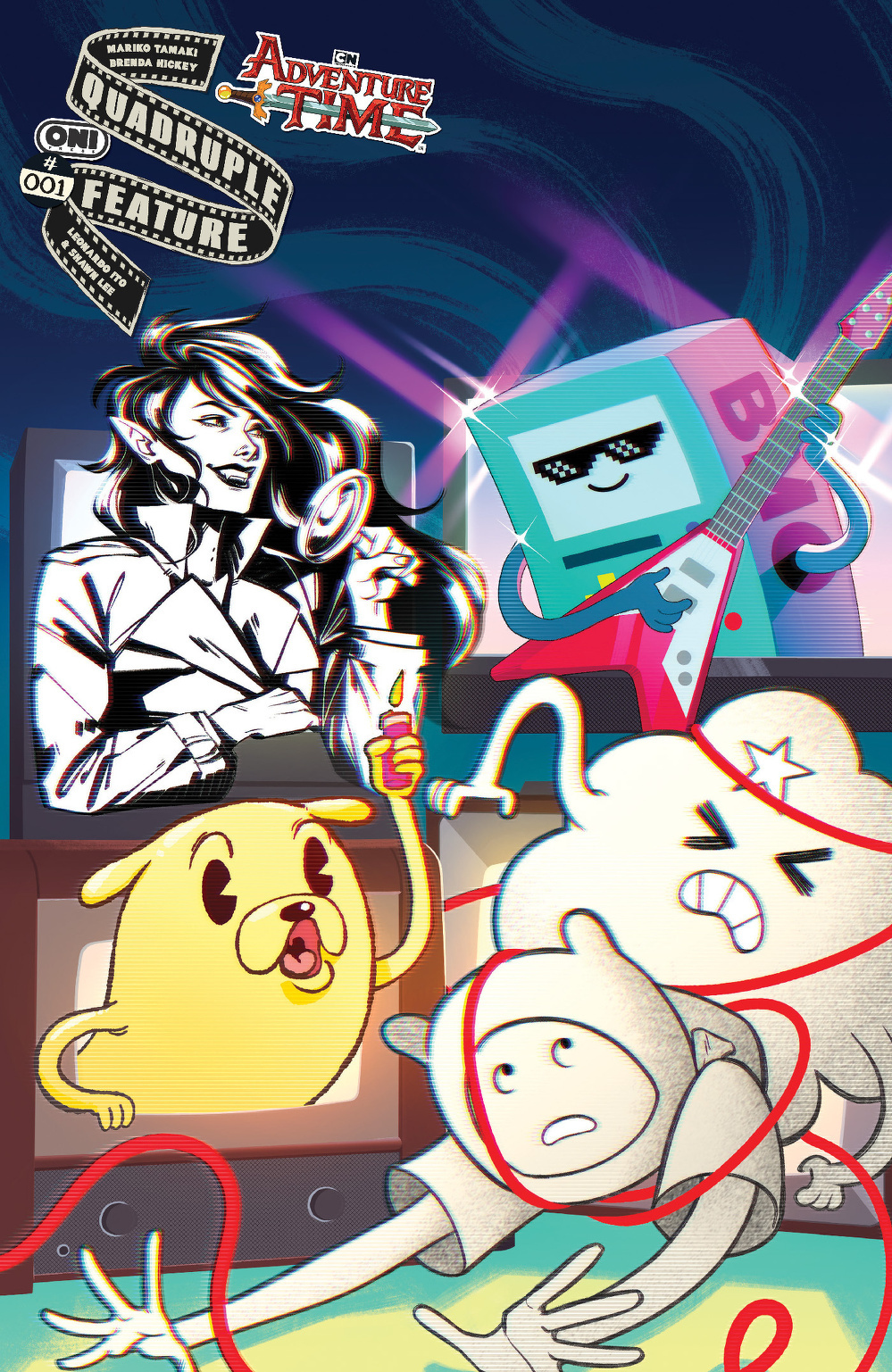 Characters from Adventure Time, including a guitarist, a dog, and a cloud, appear in a colorful, dynamic scene with musical and artistic elements.