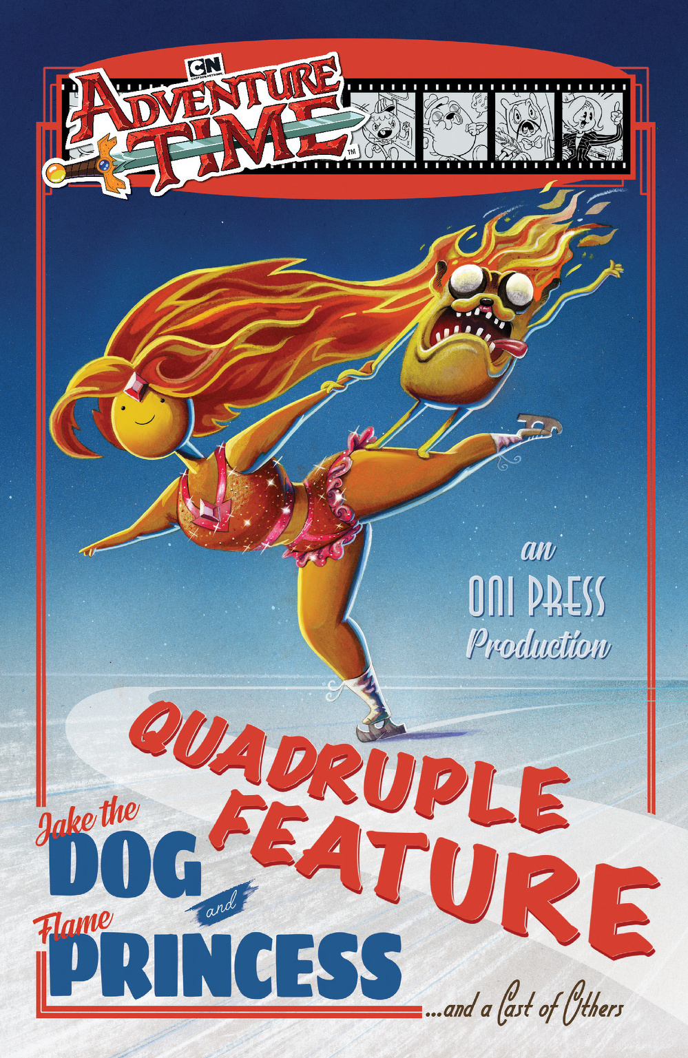 A playful, comic-style illustration featuring Jake the Dog and Flame Princess ice skating together on a vibrant, colorful cover with the title Quadruple Feature.