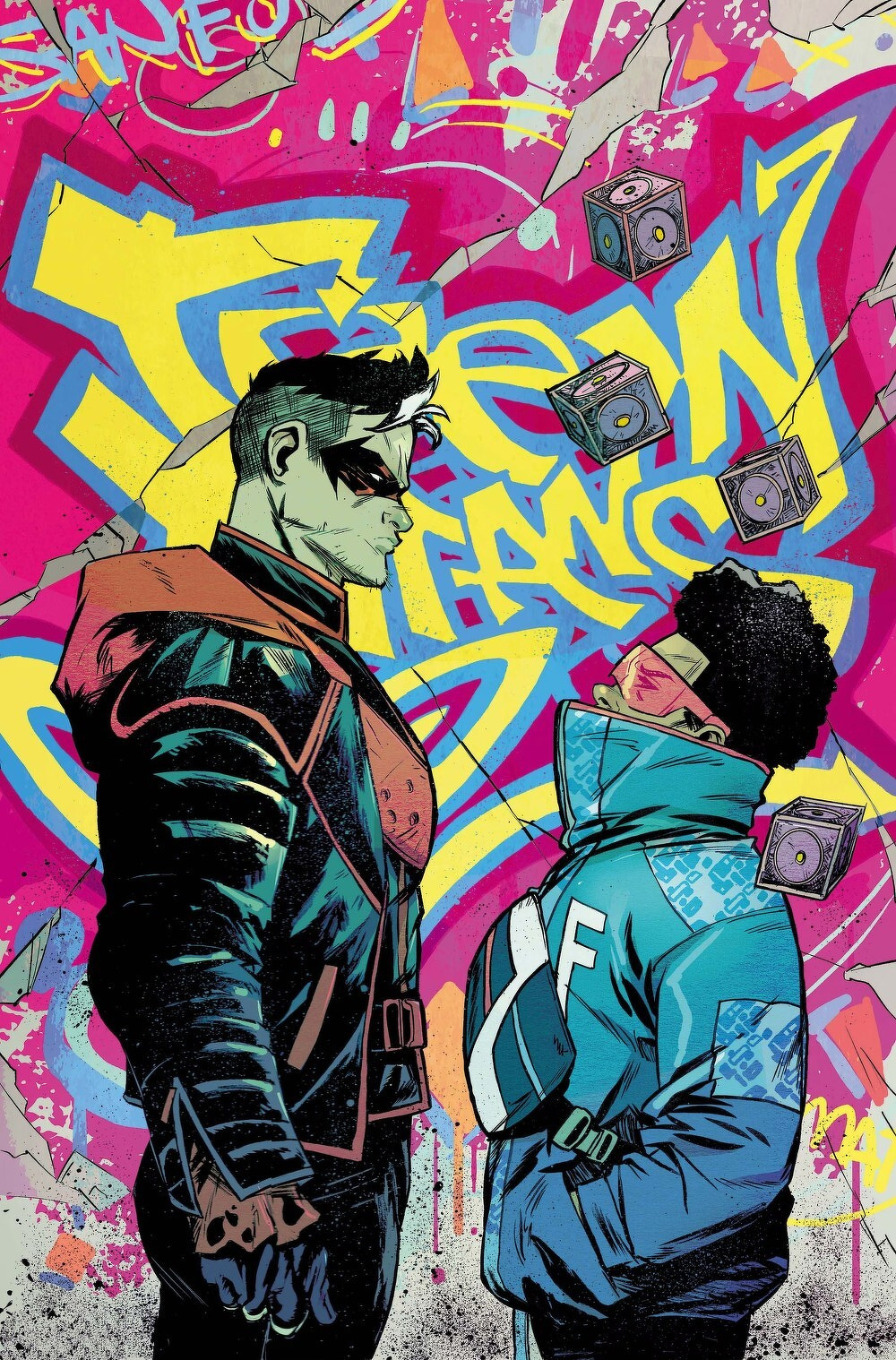 Two characters dressed in futuristic outfits stand face-to-face against a vibrant graffiti-covered wall with floating cube-shaped speakers.