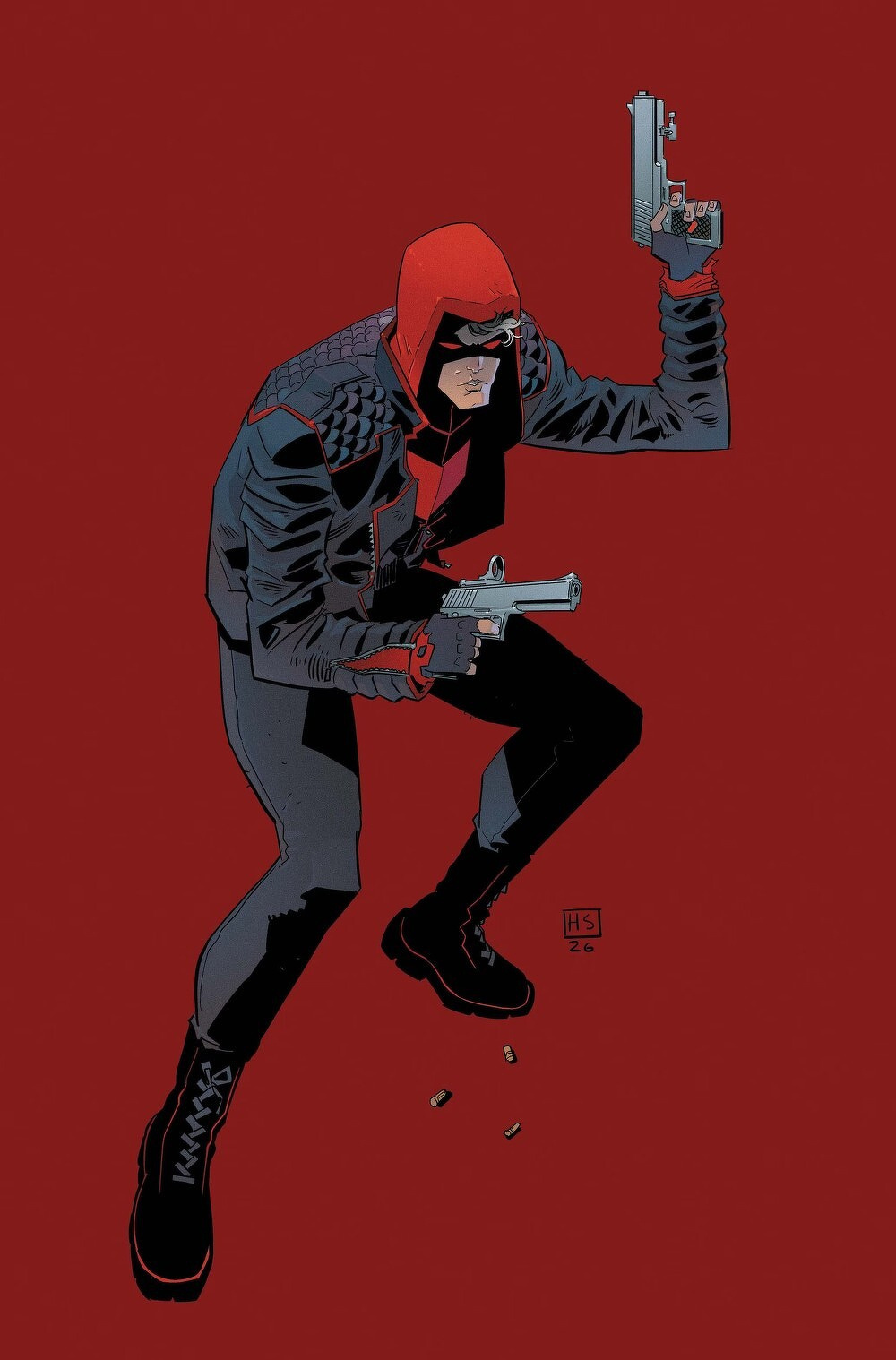A masked figure dressed in black and red tactical gear is holding two pistols, with spent bullet casings falling beneath them against a solid red background.