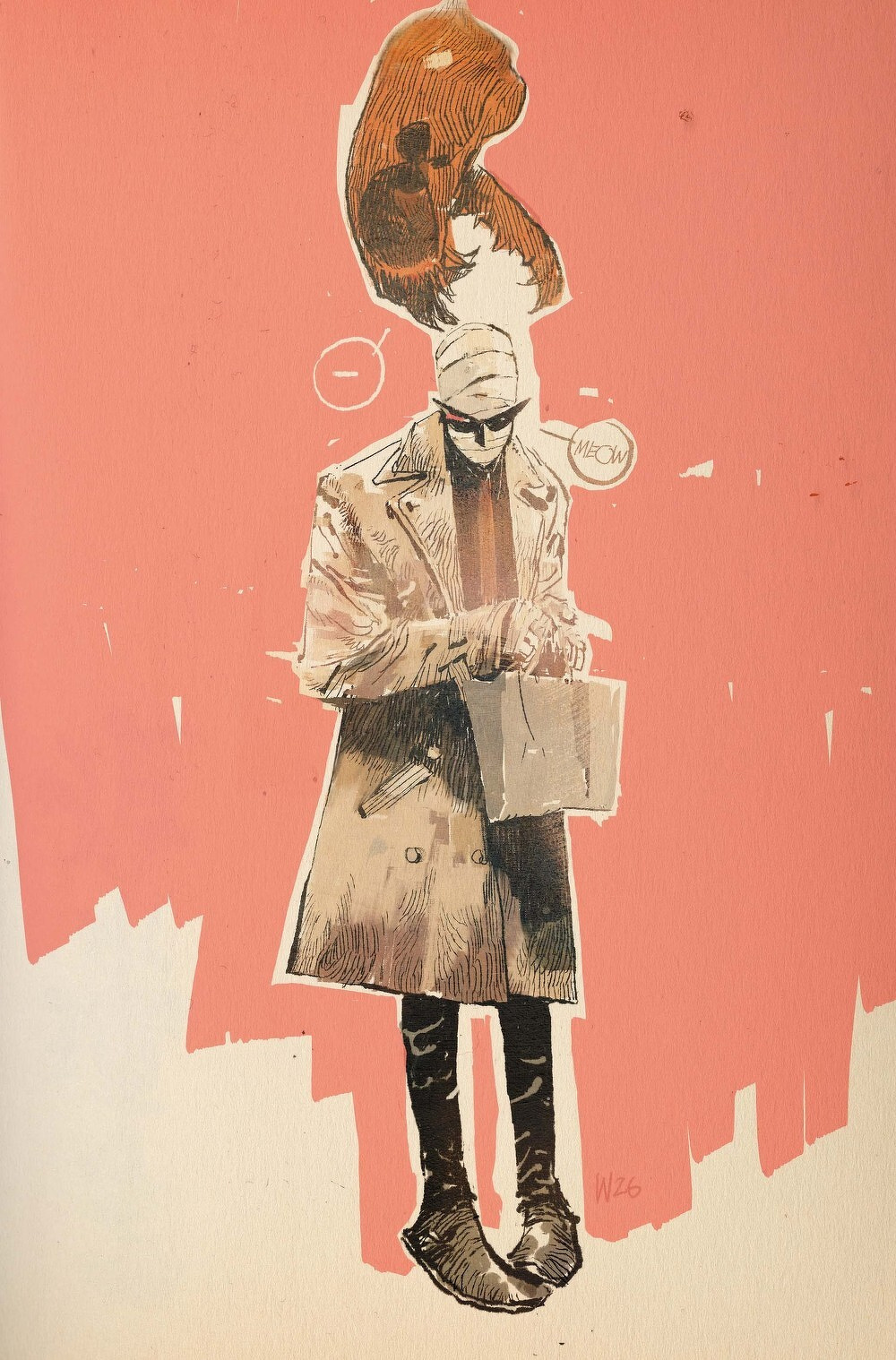A person wearing a trench coat and a hat with a cat perched on top is holding a bag and has a speech bubble that says MEOW.