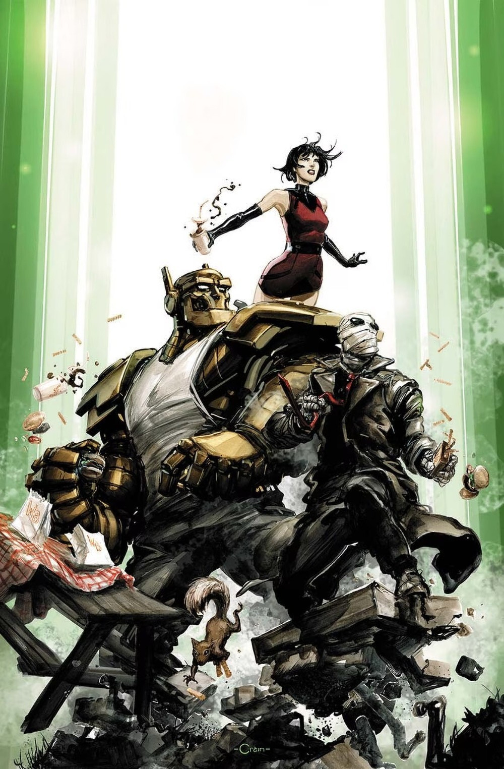 A large robotic figure in a tank top, a masked person in dark clothing, and a woman in a red dress are depicted amid flying debris and objects, with a cat and shattered furniture around them.
