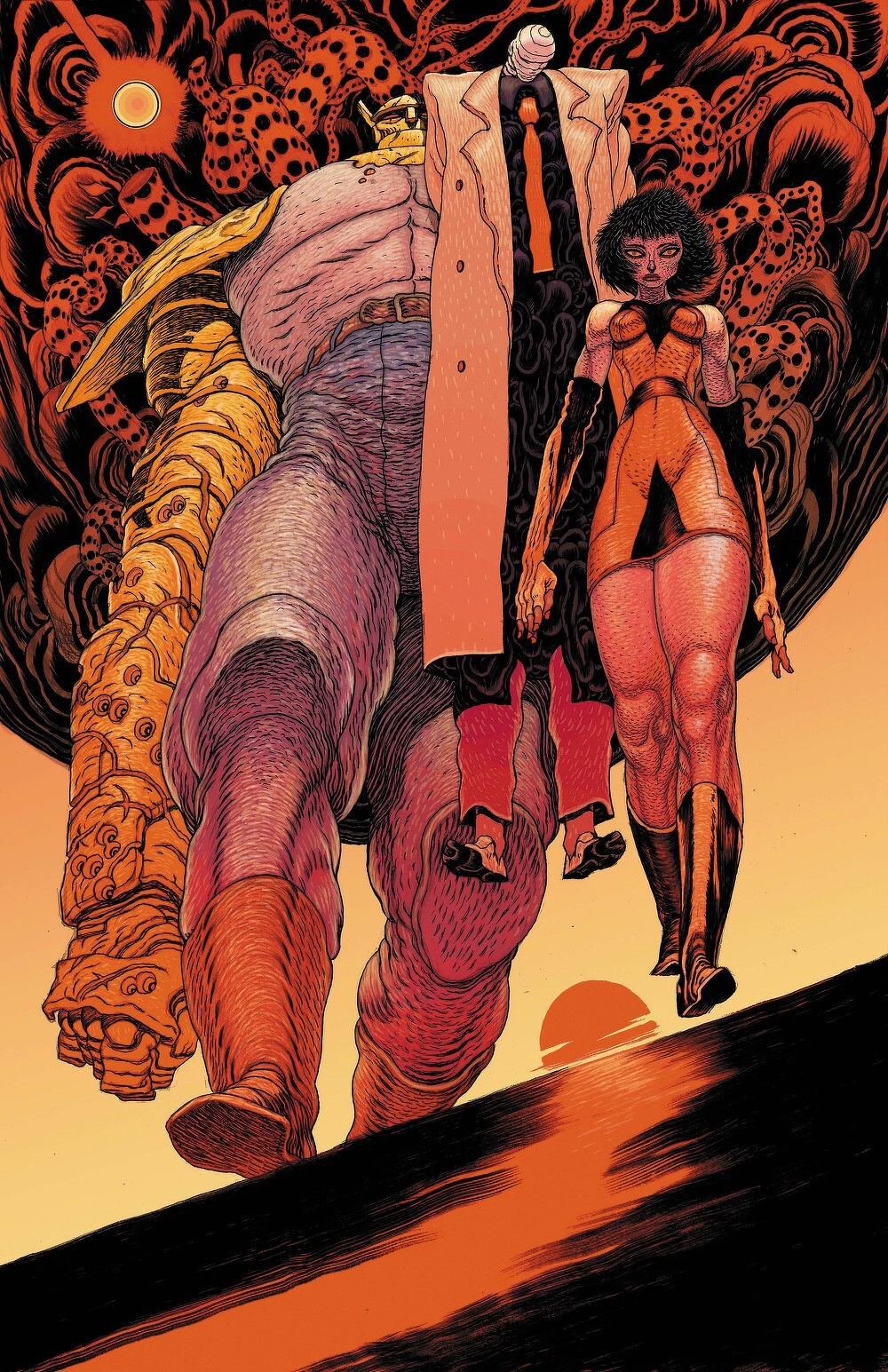A group of three distinct, stylized characters walk forward against a fiery, swirling background with a low sun near the horizon.