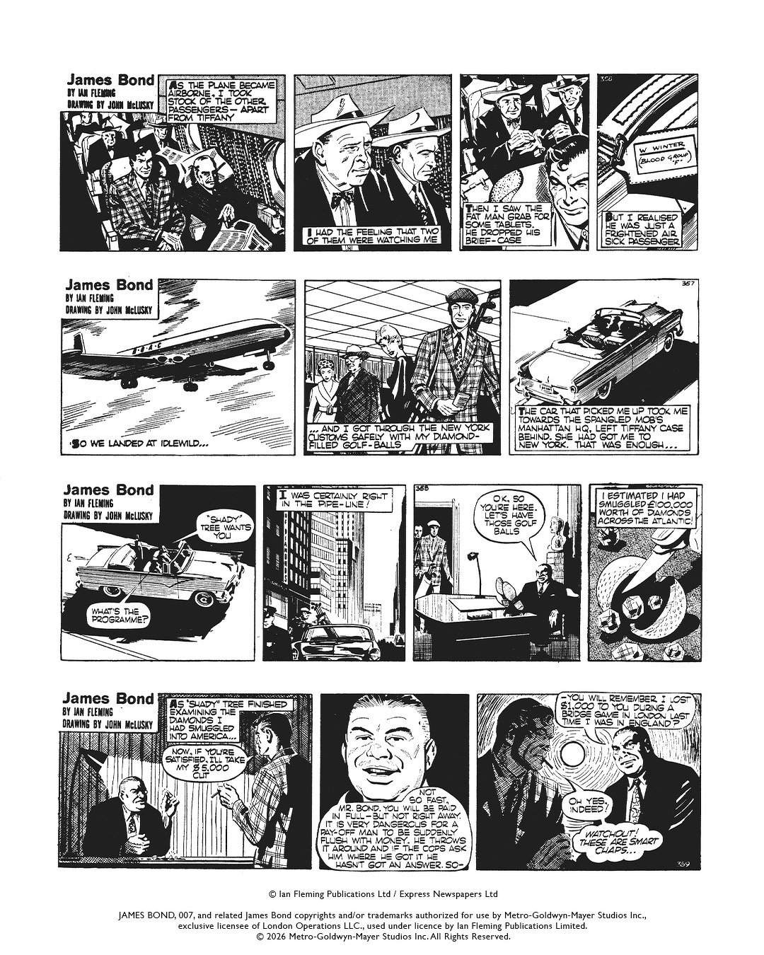 Auto-generated description: A black-and-white comic strip features James Bond traveling, engaging in conversations, and dealing with a scheme involving a diamond golf ball.
