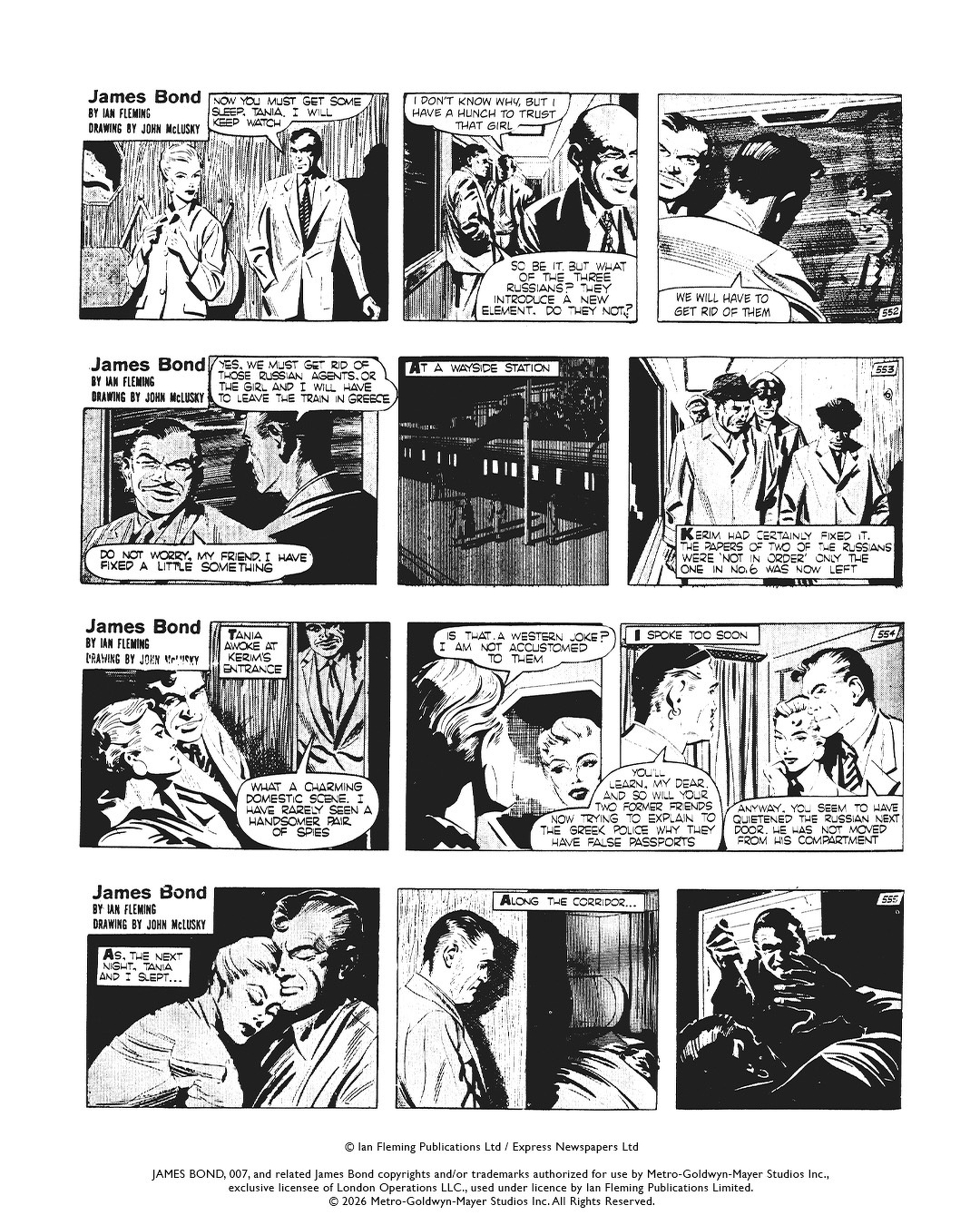 Auto-generated description: The comic strip depicts a series of scenes featuring James Bond engaged in conversations with various characters, discussing plans involving espionage, travel, and disguises.