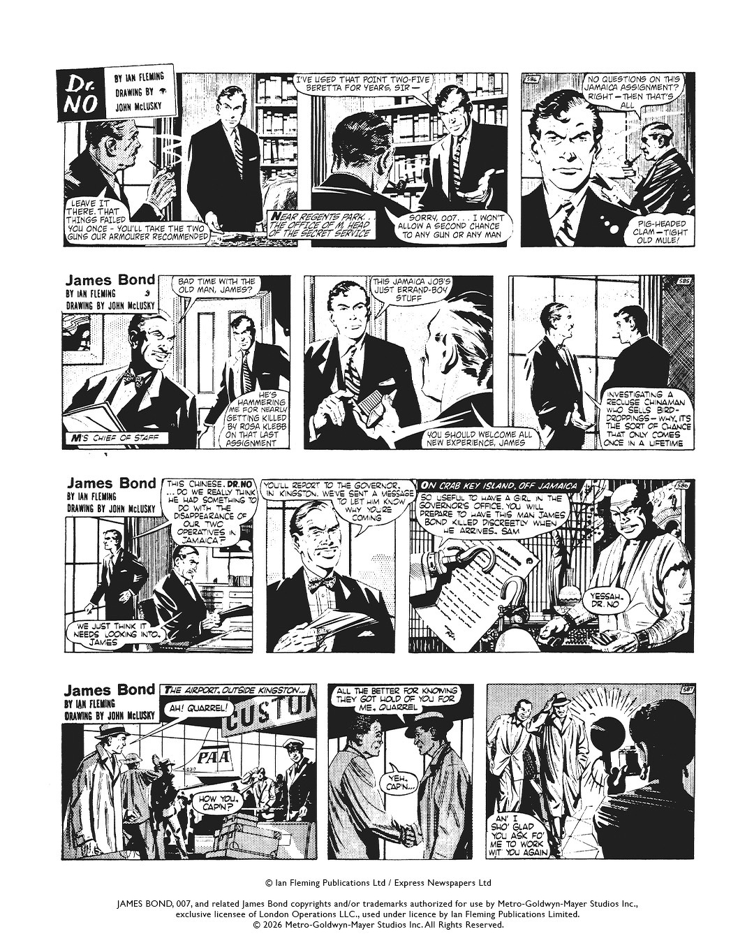 Auto-generated description: A black-and-white comic strip featuring James Bond discussing assignments, espionage, and undercover work in various scenes.