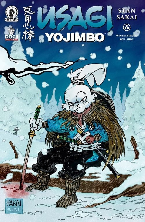 Auto-generated description: A fierce anthropomorphic rabbit warrior sits in a snowy forest holding a bloodied katana, dressed in traditional samurai attire with a fur cloak.