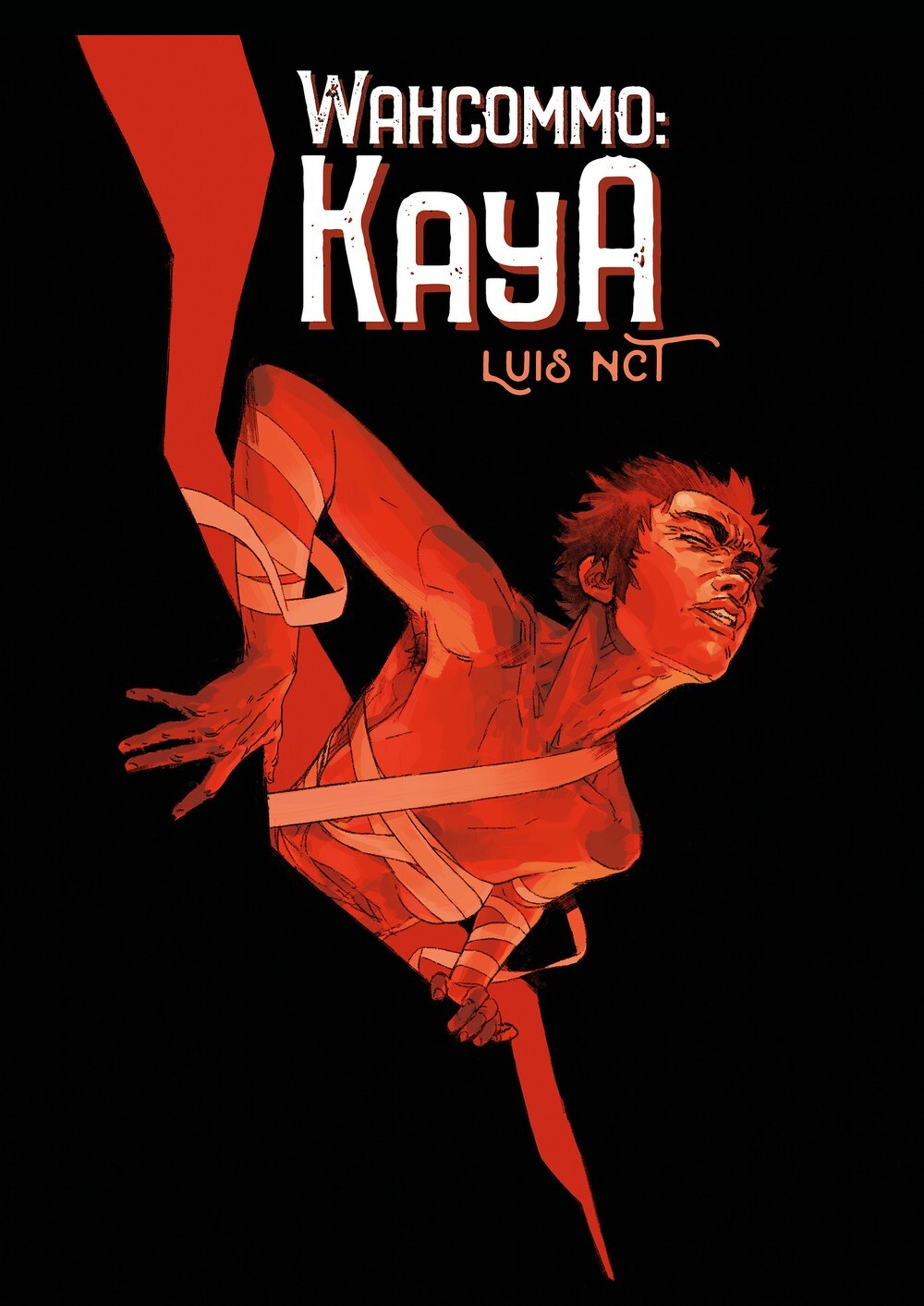 Auto-generated description: A stylized red-toned illustration of a person wrapped in ribbons with text that reads Wahcommo: Kaya and Luis NCT on a black background.