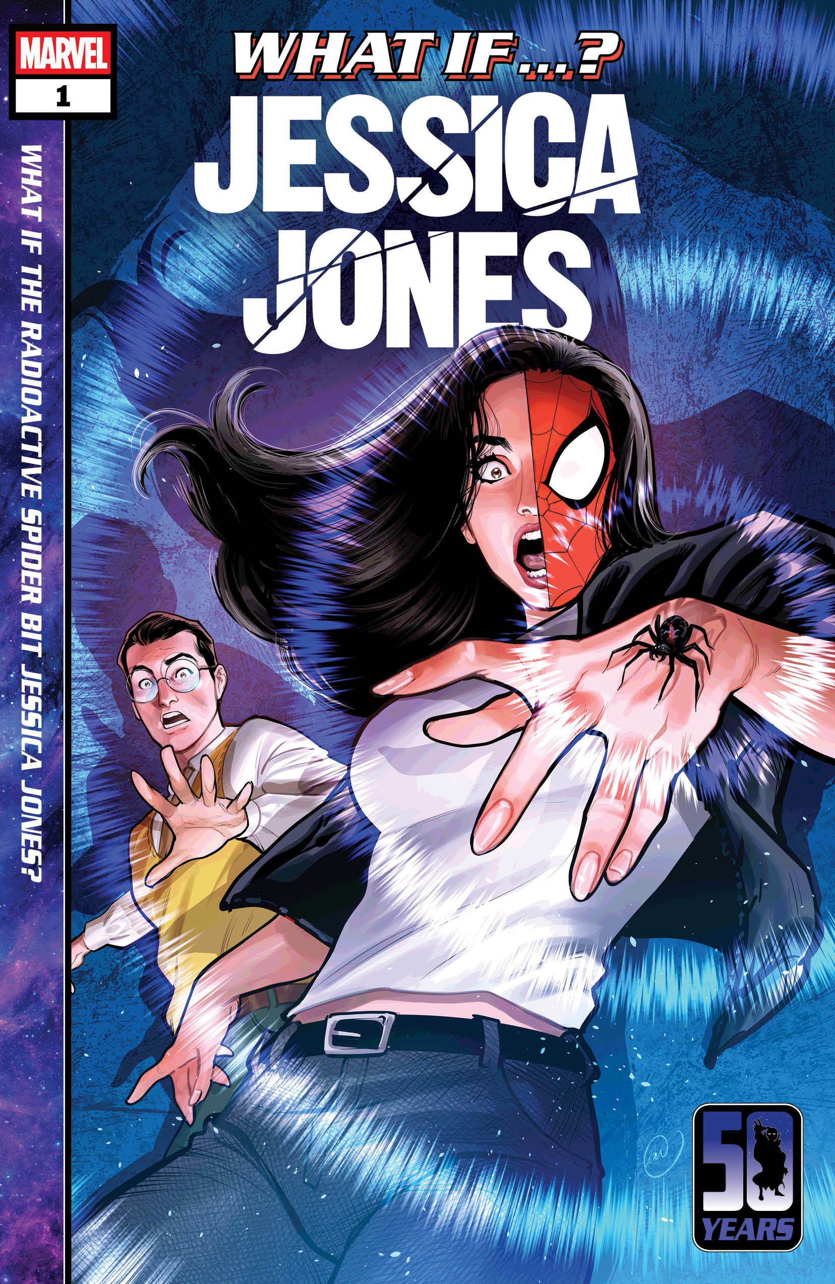 Auto-generated description: A comic book cover features Jessica Jones with a Spider-Man mask, being bitten by a radioactive spider, as a man reacts in surprise, celebrating 50 years of Marvel's What If...? series.