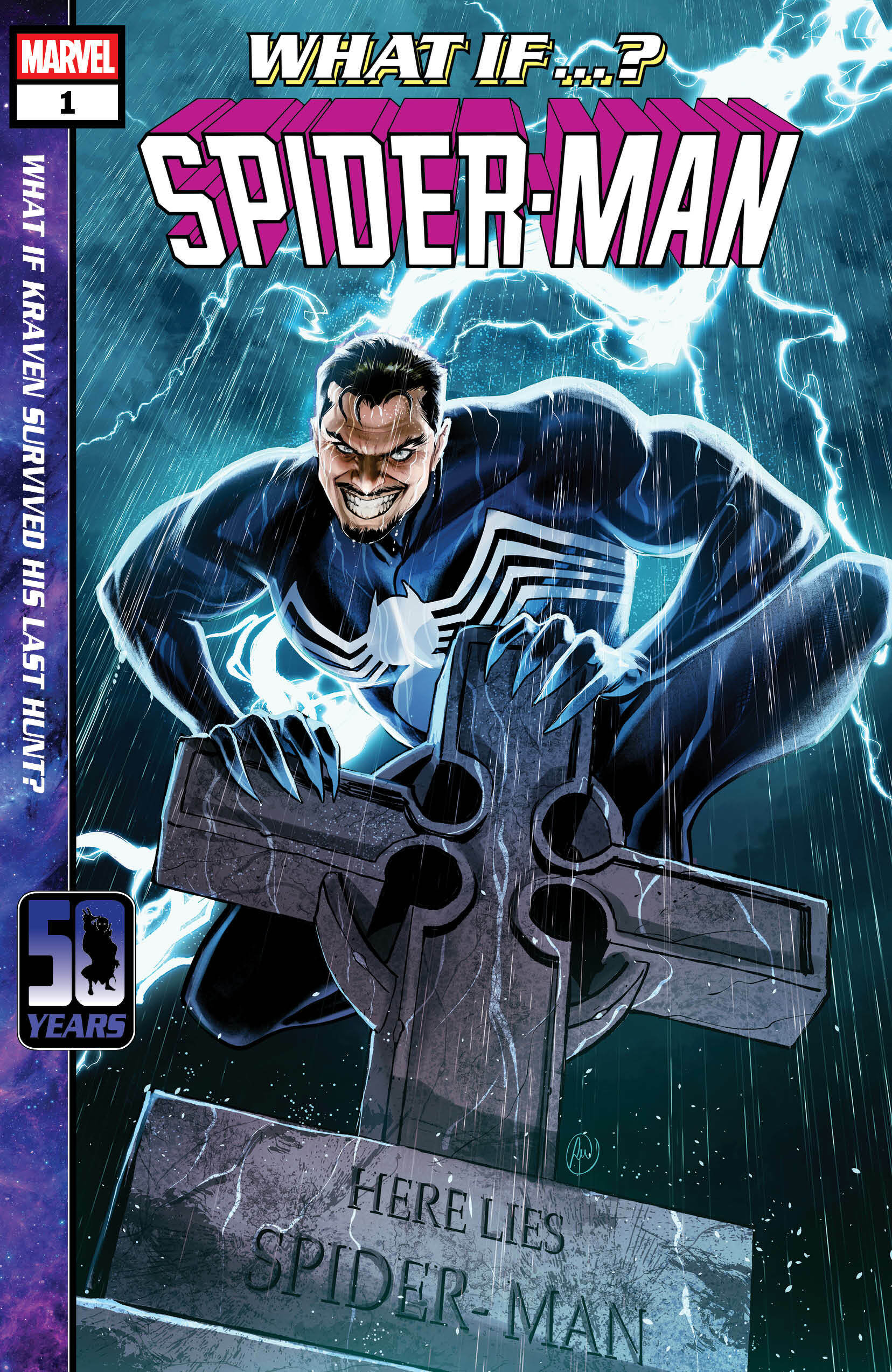 Auto-generated description: A comic book cover depicts Spider-Man with a black suit and a sinister expression, standing with lightning behind him over a grave marked Here Lies Spider-Man.