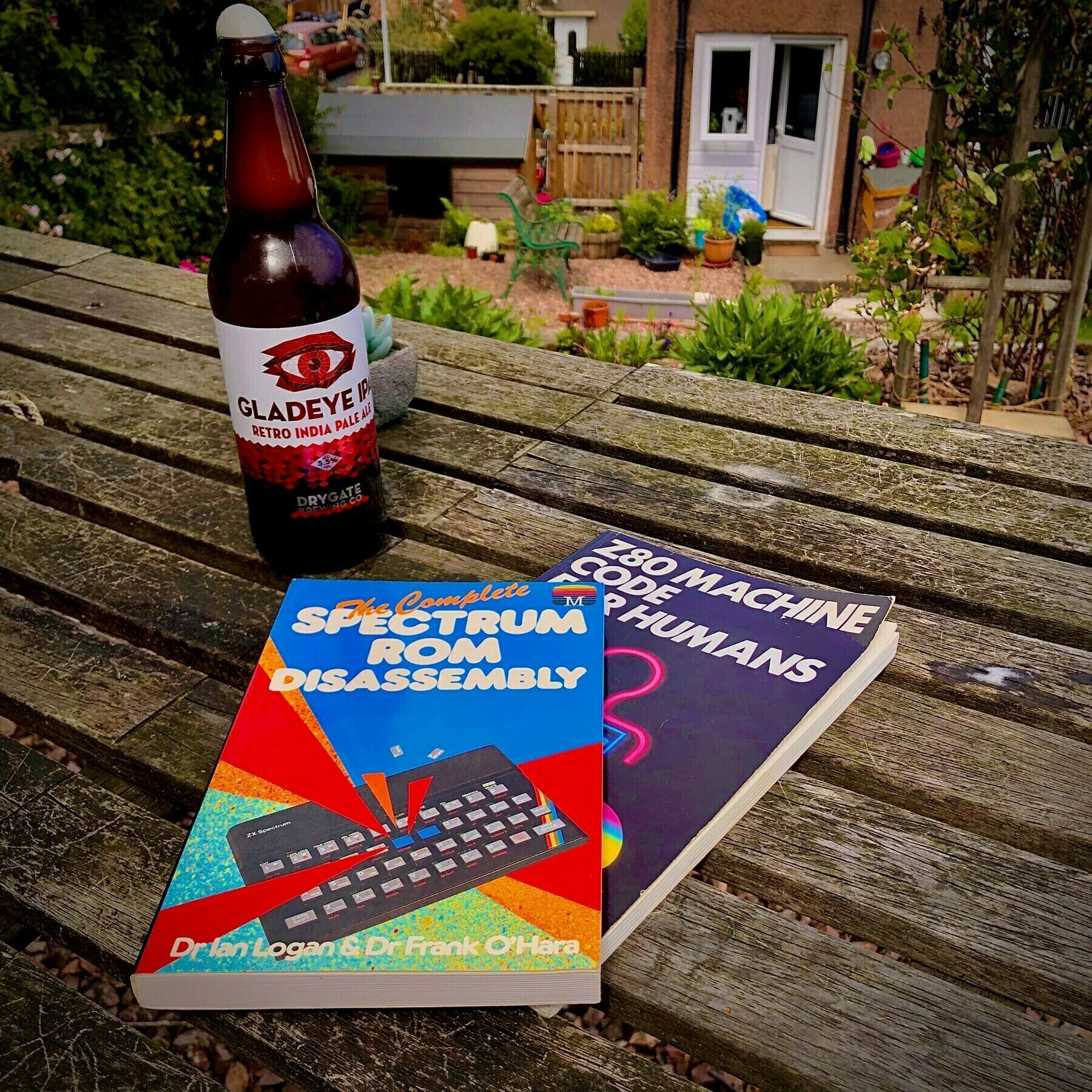 Bottle: Drygate Gladeye Retro IPA; Books: Z80 Machine Code for Humans, and The Complete Spectrum ROM Disassembly