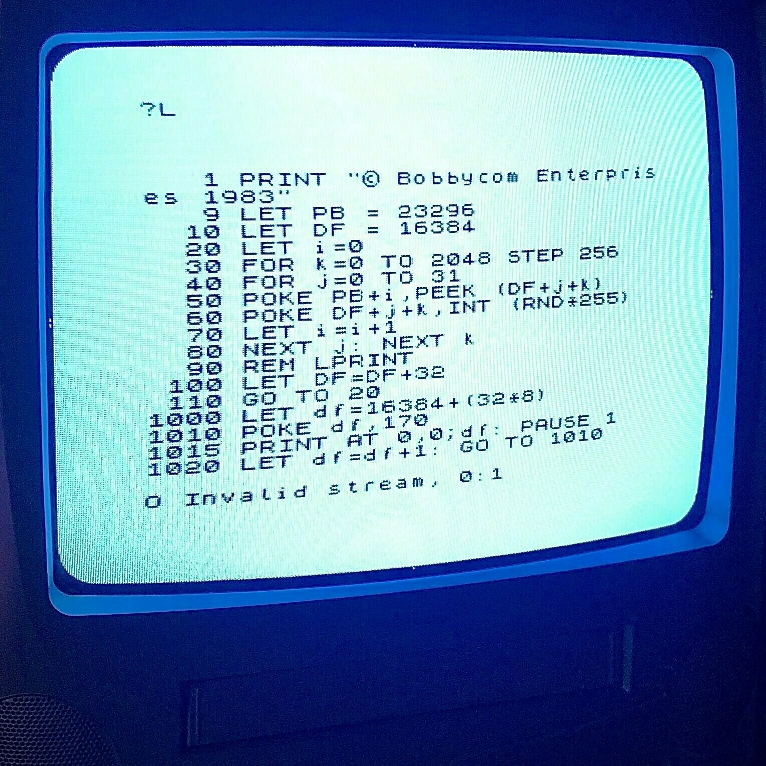 ZX Spectrum screenshot showing BASIC code listing