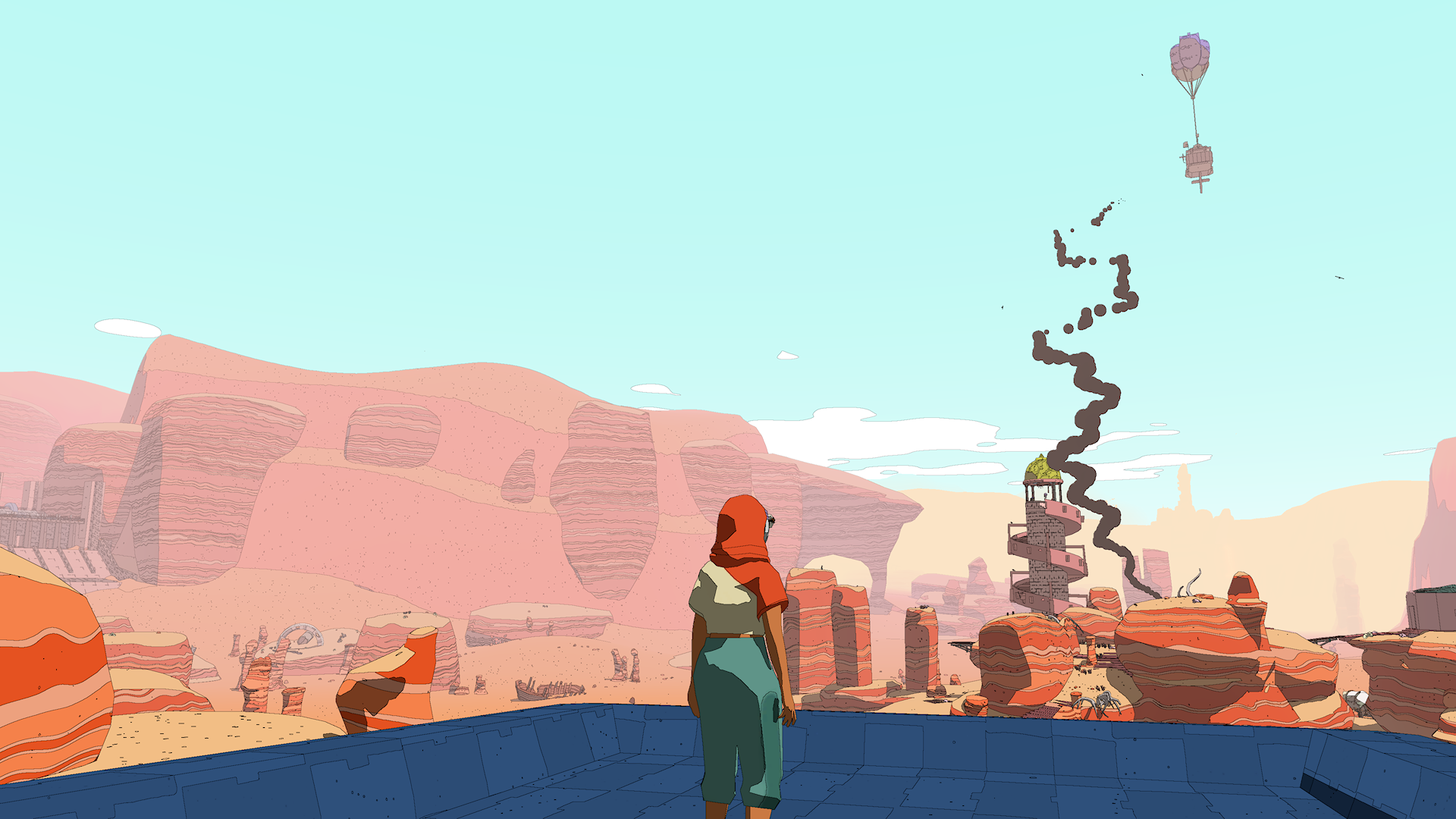 screenshot of Xbox game SABLE. the protagonist looks out over a rocky desert towards a small nomad camp