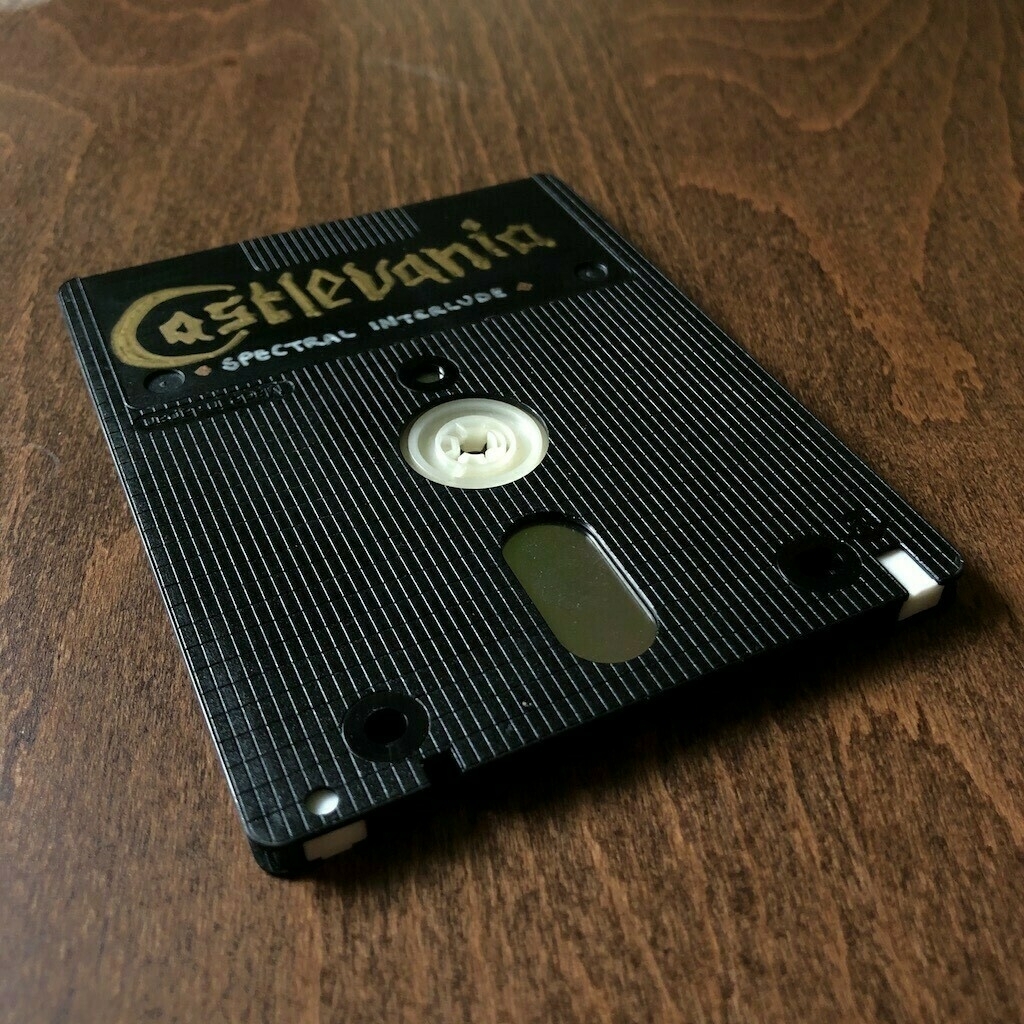3-inch floppy disk with hand-drawn Castlevania logo