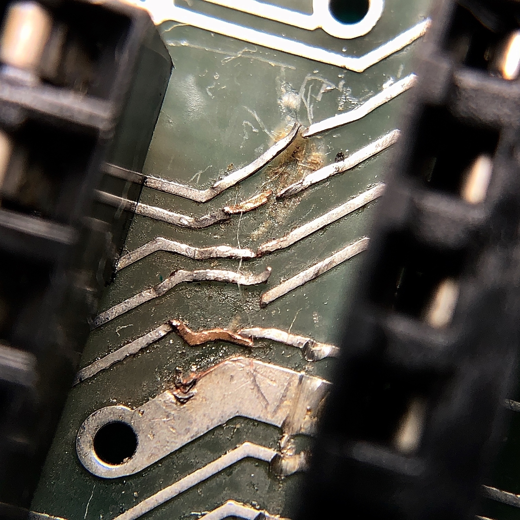 closeup of damaged electrical circuits