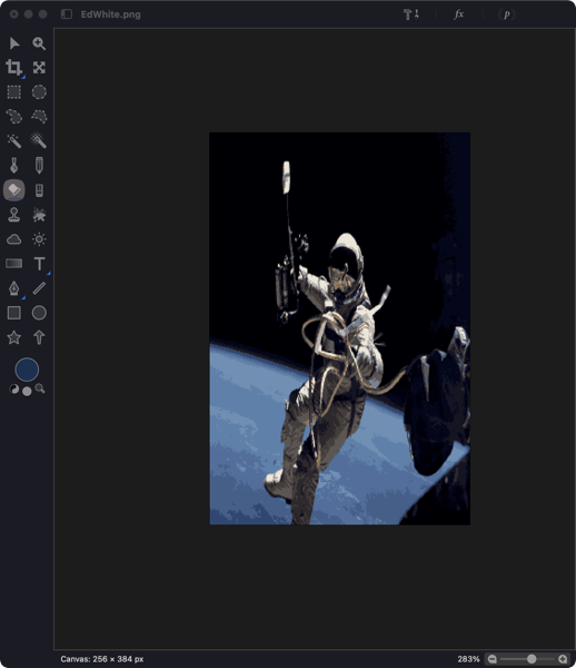 Screenshot of an image editor application with an image of a space-walking astronaut in orbit above Earth