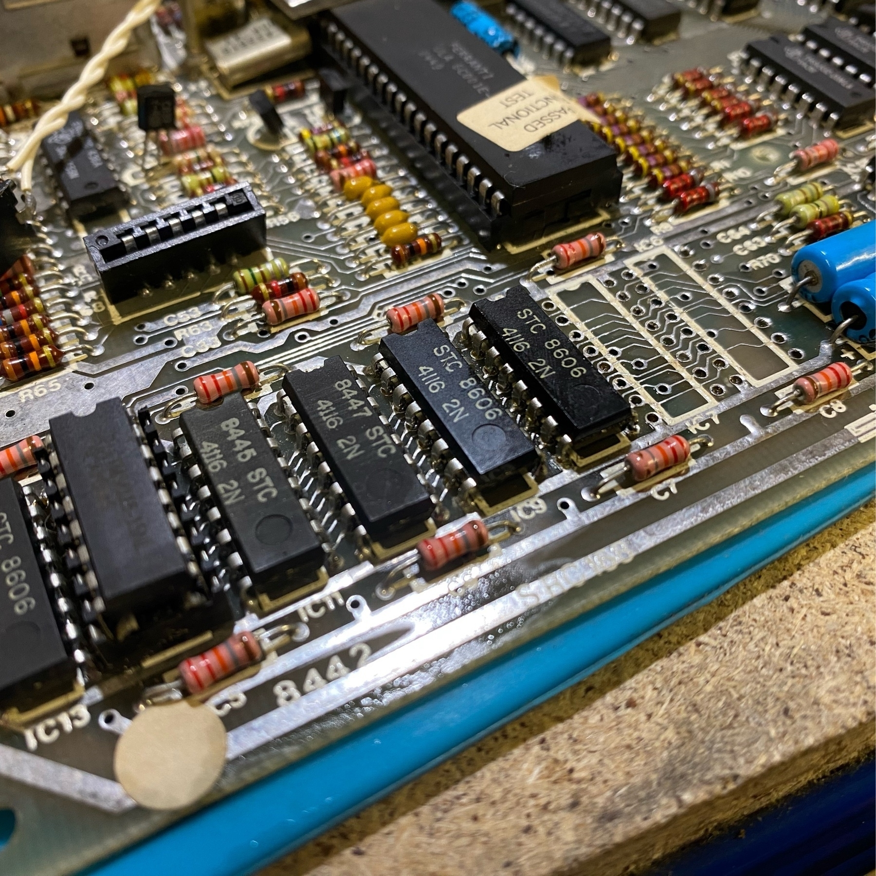 a ZX Spectrum motherboard with two microchips removed