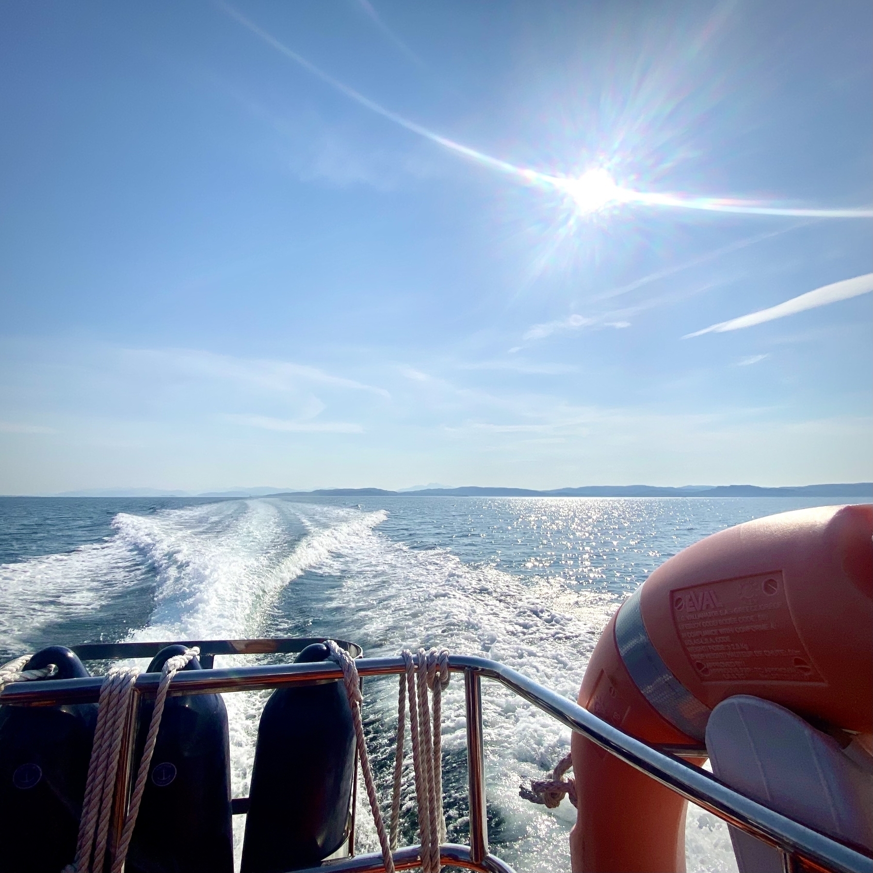 Photograph of the wake behind our small boat. The sea and sky are deep blue, the sun flares on the camera lens highlights the faint whispy clouds. Chrome railings and a red lifebuoy.
