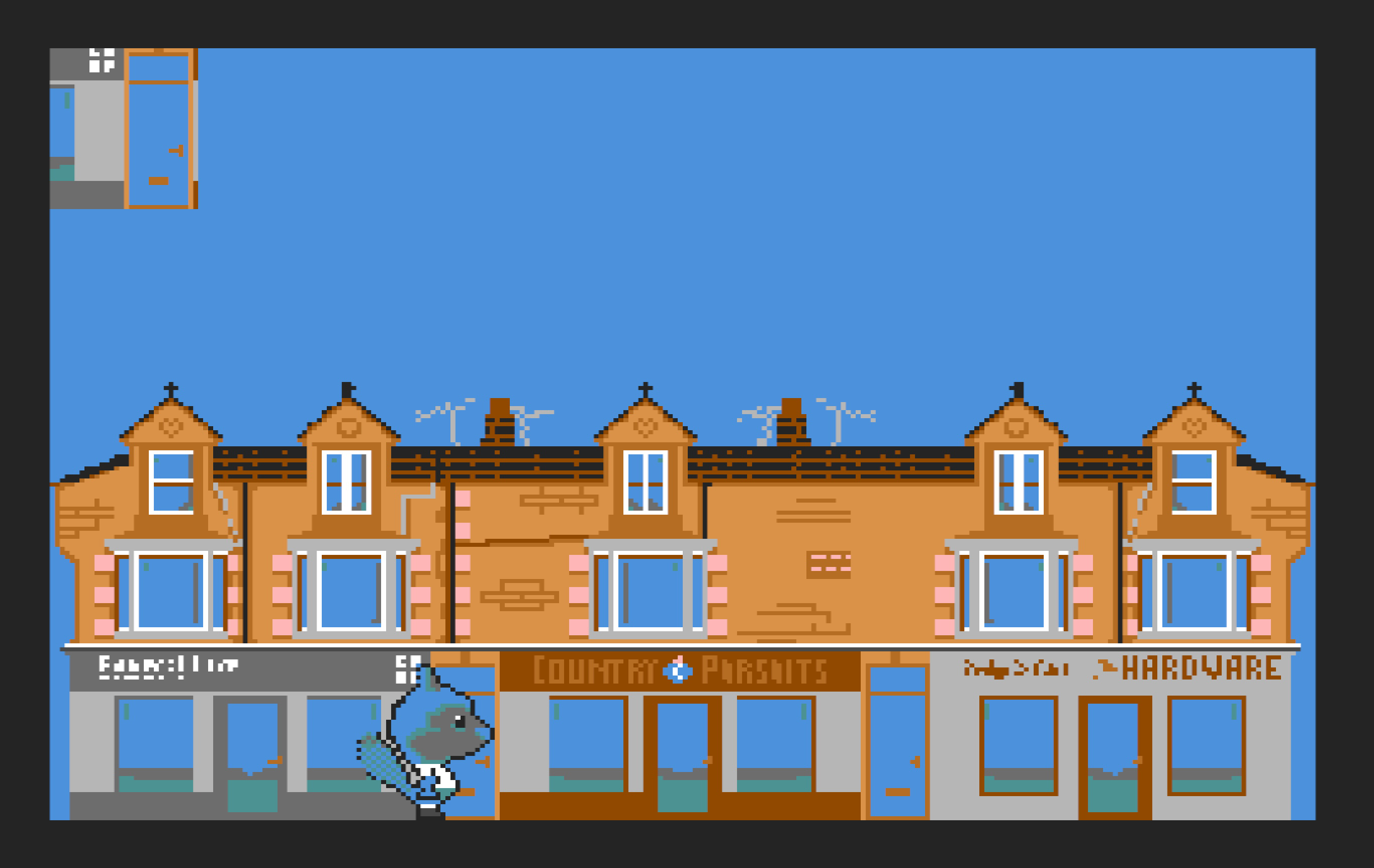 SAM Coupé screenshot. town scene with blue squirrel character. the area behind the character is mirrored in a small square top left to help with debugging