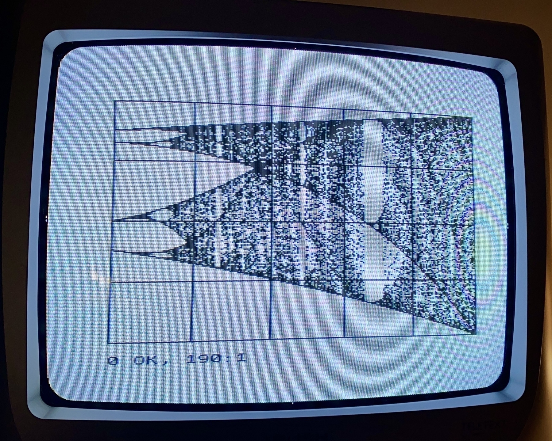 Photograph of a CRT telly displaying a Feigenbaum constant bifurcation diagram generated by a ZX Spectrum