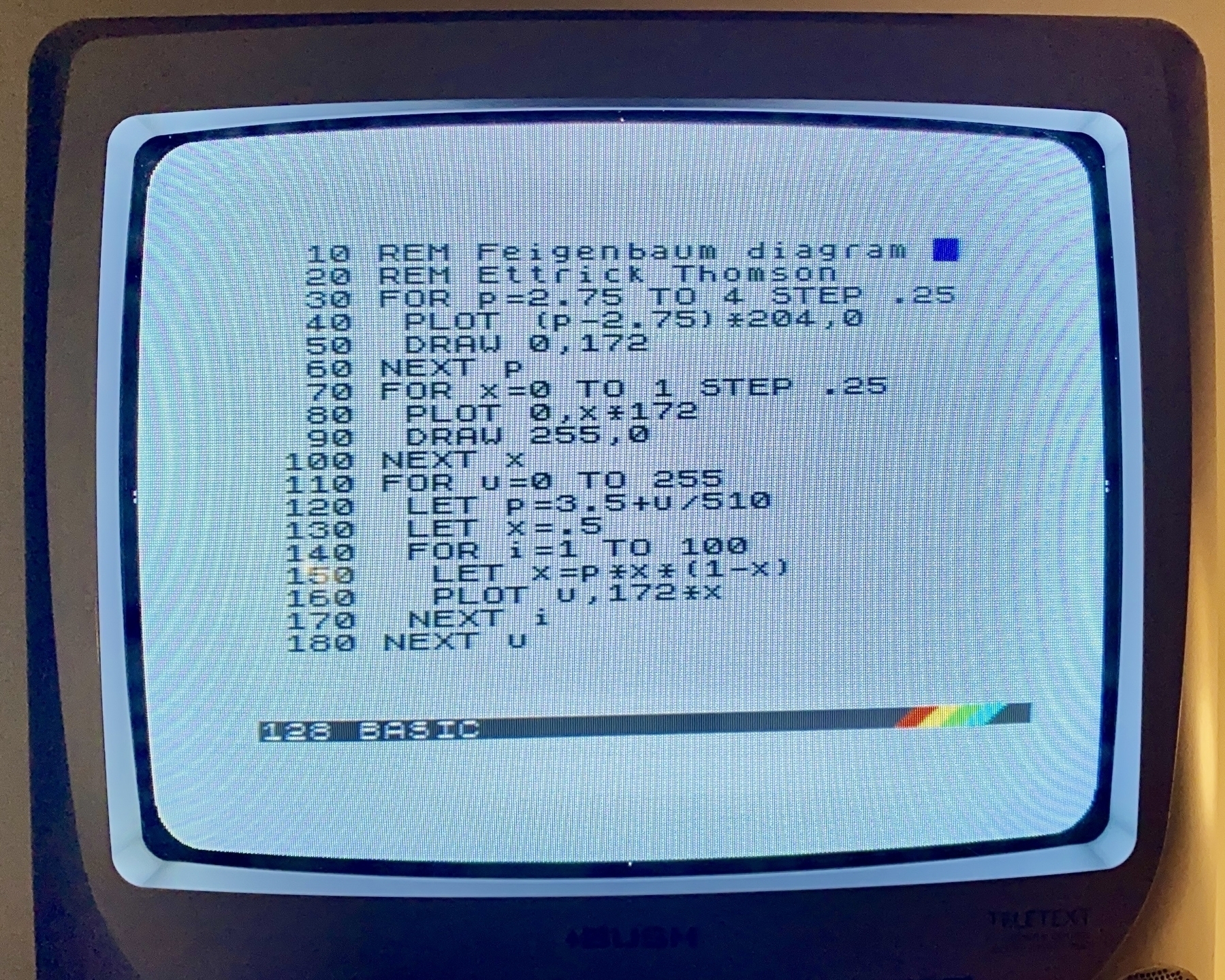 Photograph of a CRT telly showing a BASIC listing of the program that generated the diagram in the other picture. The program is by Ettrick Thomson.