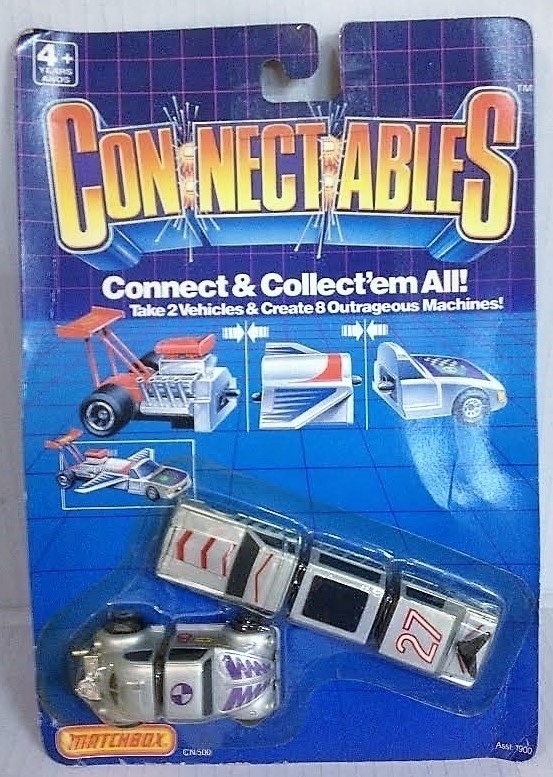 Matchbox “Con-nect-ables” branded toy vehicles in a retail hang-card blister pack. The toys are segmented so you can recombine them in interesting ways such as adding wings to a car, and so on.