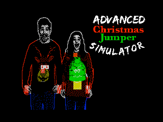 ZX Spectrum screenshot. Image shows two people wearing ugly Christmas jumpers. The text reads Advanced Christmas Jumper Simulator.