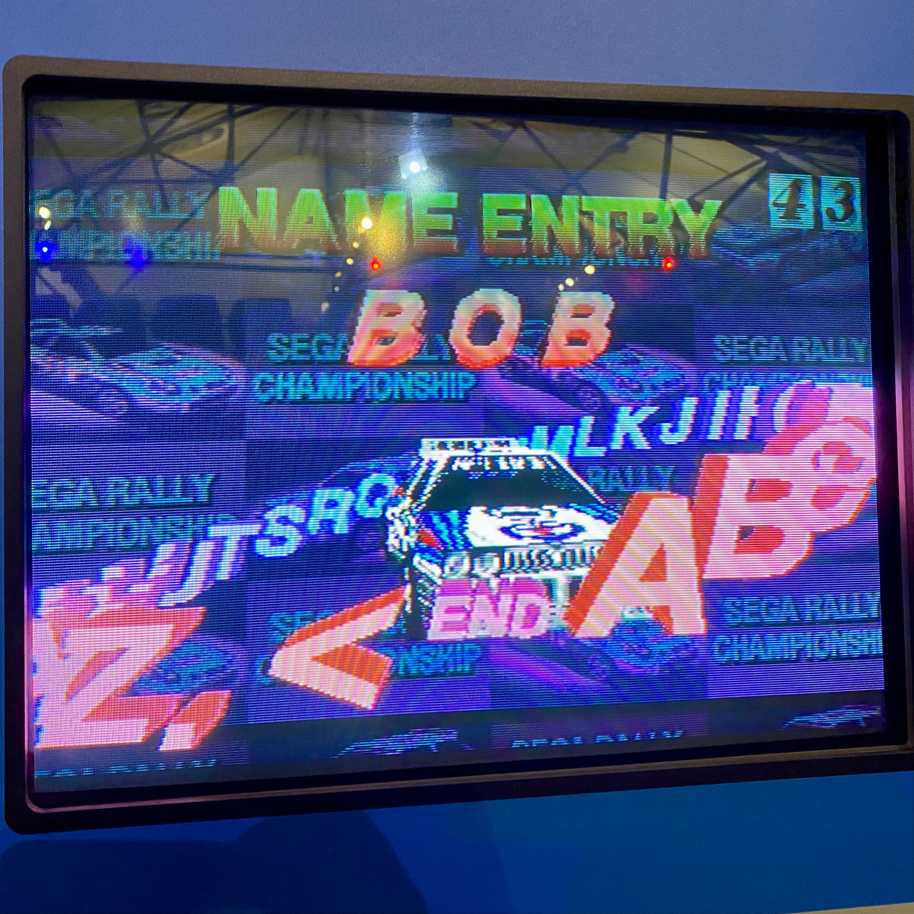 Sega Rally high score entry. The name “BOB” has been entered. 