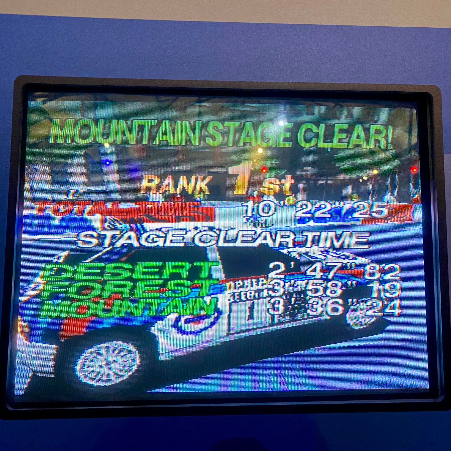 Sega Saturn screen shot. Mountain stage clear! Rank 1st!