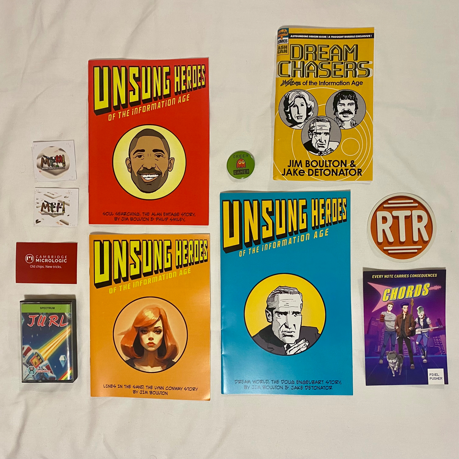 An asssortment of items I picked up at the event. Comic books, stickers, a Spectrum game, a badge, a promotional beer mat and a couple of flyers. Lovely stuff!