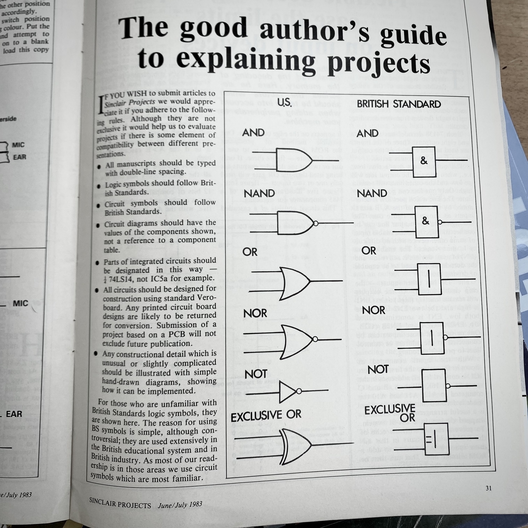 &10;The good author's guide to explaining projects&10;IF YOU WISH to submit articles to sinclair Projects we would appreciate it if you adhere to the following rules.&10;Although they are not exclusive it would help us to evaluate projects if there is some element of compatibility between different pre-sentations.&10;&10;• All manuscripts should be typed with double-line spacing.&10;• Logic symbols should follow British Standards.&10;• Circuit symbols should follow&10;British Standards.&10;• Circuit diagrams should have the values of the components shown, not a reference to a component table.&10;• Parts of integrated circuits should be designated&10;in this way&10;1/4 74LS14, not ICSa for example.&10;• All circuits should be designed for construction using standard Vero-board. Any printed circuit board designs are likely to be returned for conversion. Submission of a project based on a PCB will not exclude future publication.&10;• Any constructional detail which is unusual or slightly complicated should be illustrated with simple hand-drawn diagrams, showing how it can be implemented.&10;&10;For those who are unfamiliar with British Standards logic symbols, they are shown here. The reason for using BS symbols is simple, although controversial; they are used extensively in the British educational system and in British industry. As most of our readership is in those areas we use circuit symbols which are most familiar.&10;&10;U.S.:&10;AND&10;NAND&10;OR&10;NOR&10;NOT&10;EXCLUSIVE OR&10;&10;BRITISH STANDARD:&10;AND&10;NAND&10;OR&10;NOR&10;NOT&10;EXCLUSIVE OR&10;&10;SINCLAIR PROJECTS June/ July 1983