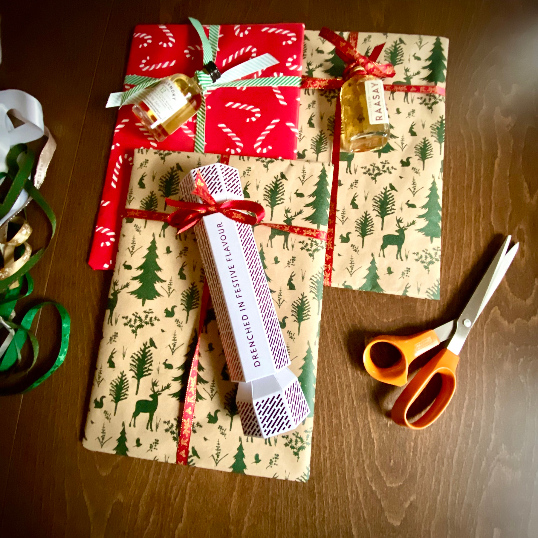 The aforementioned books now wrapped and beribboned.