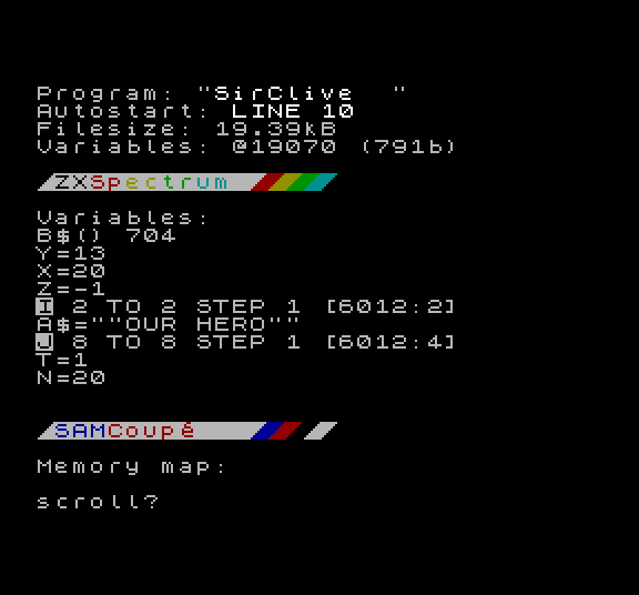 SAM Coupé screenshot showing some ZX Spectrum BASIC being imported. The loading details and variables data is listed out. 